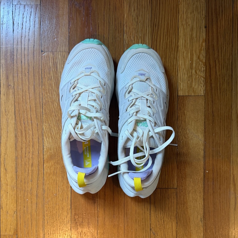 Hoka Women's Cream Athletic Sneakers with Mint, Lavender and Yellow Accents